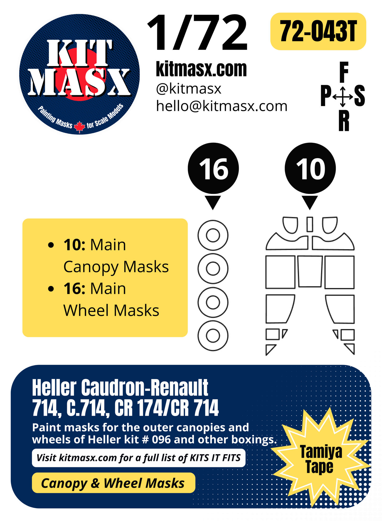 Heller Caudron-Renault 714, C.714, CR 174/CR 714 1/72 Canopy & Wheel Paint Masks, Kit # 096