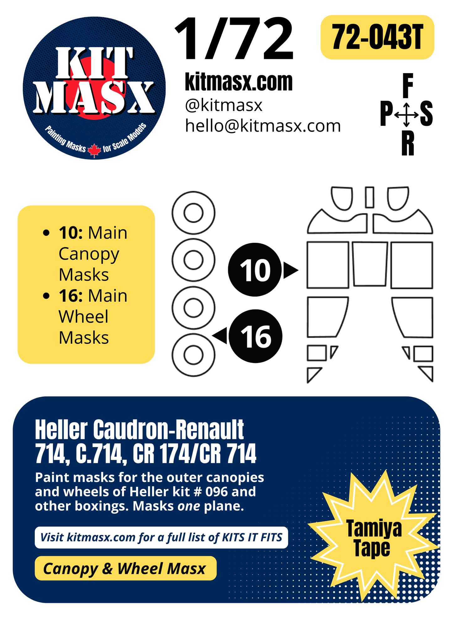 Heller Caudron-Renault 714, C.714, CR 174/CR 714 1/72 Canopy & Wheel Paint Masks, Kit # 096
