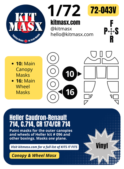 Heller Caudron-Renault 714, C.714, CR 174/CR 714 1/72 Canopy & Wheel Paint Masks, Kit # 096