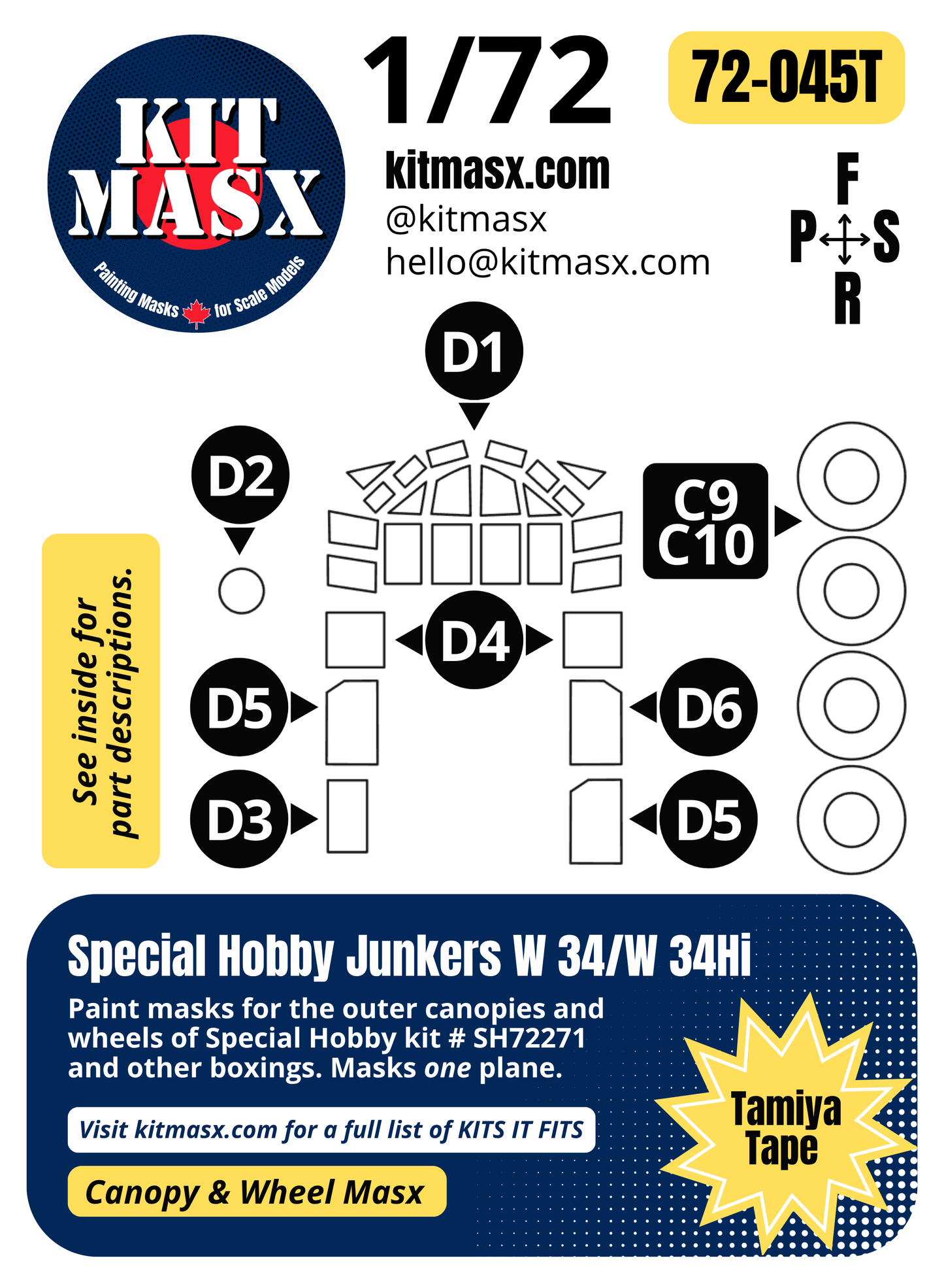 Special Hobby Junkers W 34/W 34Hi 1/72 Canopy & Wheel Paint Masks, Kit # SH72271