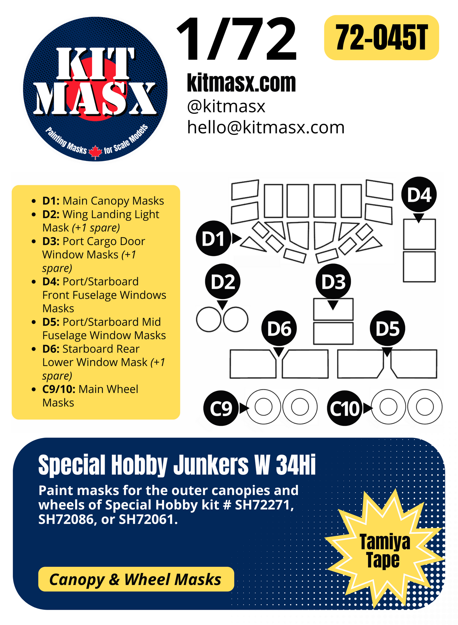 Special Hobby Junkers W 34Hi 1/72 Canopy & Wheel Paint Masks, Kit # SH72271