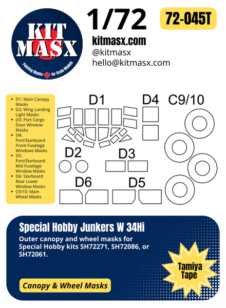 Special Hobby Junkers W 34Hi 1/72 Canopy & Wheel Paint Masks