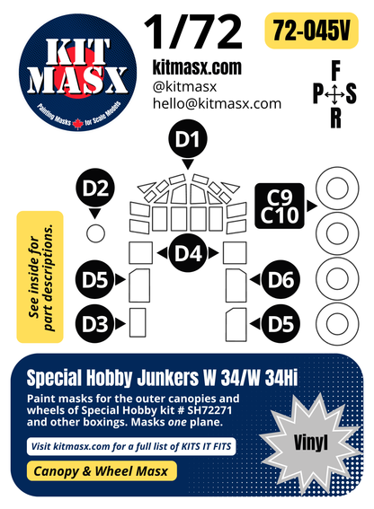 Special Hobby Junkers W 34/W 34Hi 1/72 Canopy & Wheel Paint Masks, Kit # SH72271