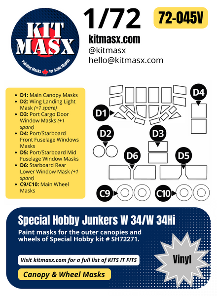 Special Hobby Junkers W 34/W 34Hi 1/72 Canopy & Wheel Paint Masks, Kit # SH72271