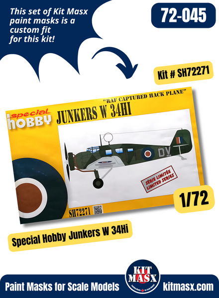 Special Hobby Junkers W 34/W 34Hi 1/72 Canopy & Wheel Paint Masks, Kit # SH72271