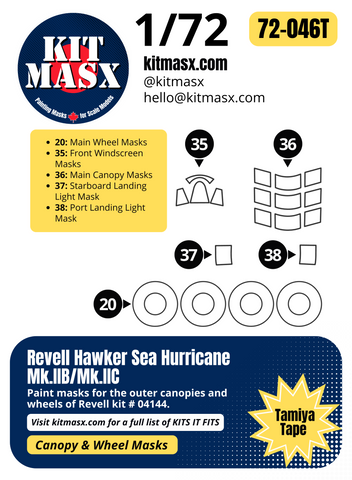 Revell Hawker Sea Hurricane Mk.IIB/Mk.IIC 1/72 Canopy & Wheel Paint Masks, Kit # 04144