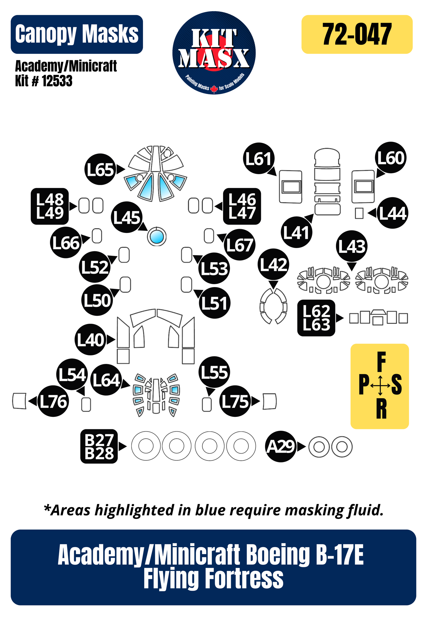 Academy/Minicraft Boeing B-17E Flying Fortress 1/72 Canopy & Wheel Paint Masks, Kit # 12533