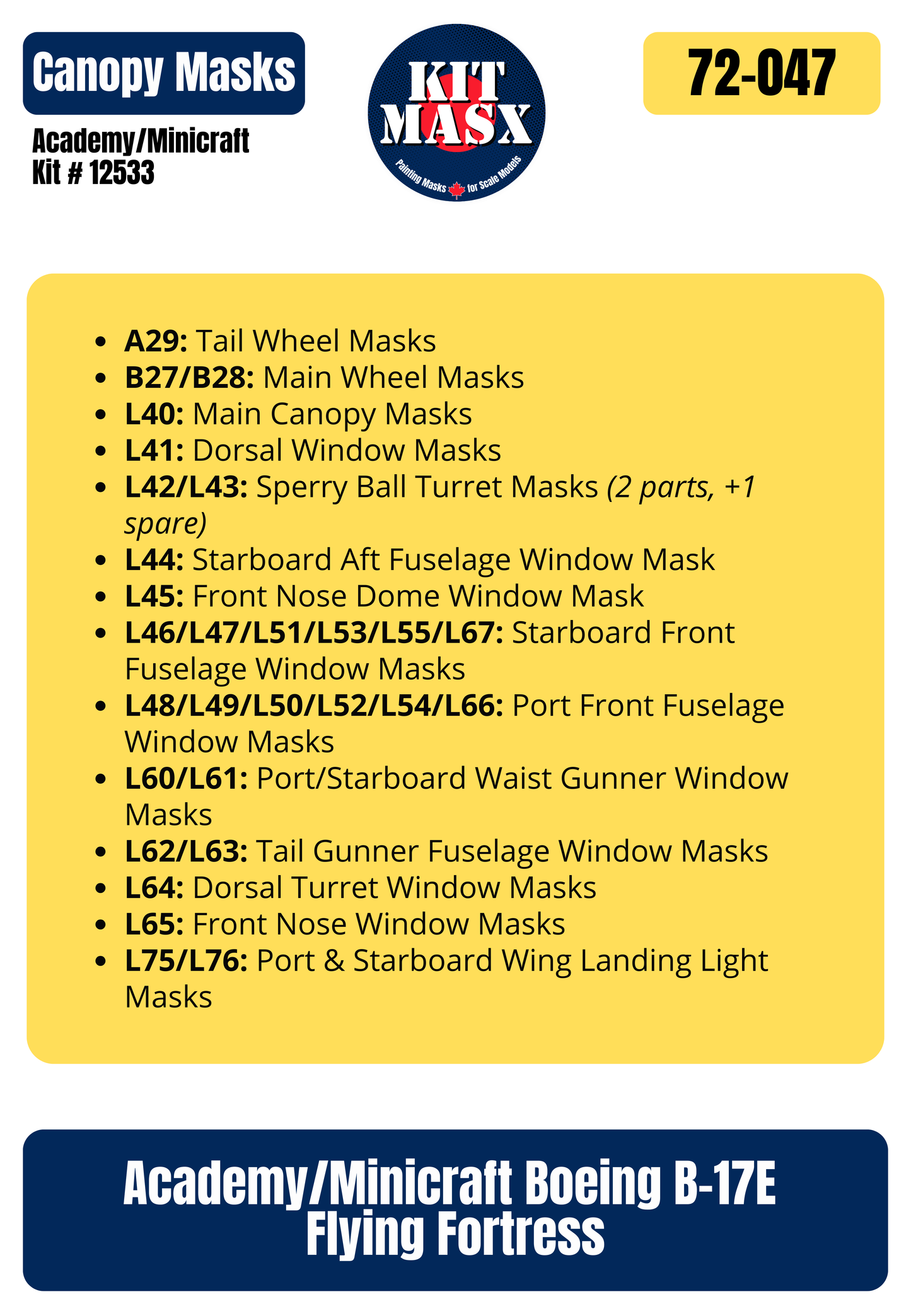Academy/Minicraft Boeing B-17E Flying Fortress 1/72 Canopy & Wheel Paint Masks, Kit # 12533