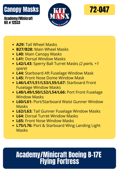 Academy/Minicraft Boeing B-17E Flying Fortress 1/72 Canopy & Wheel Paint Masks, Kit # 12533
