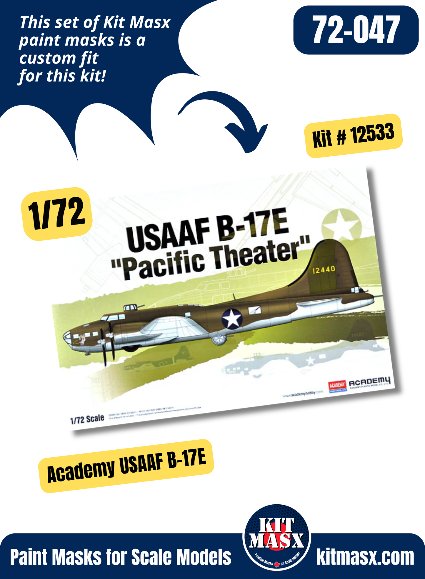 Academy/Minicraft Boeing B-17E Flying Fortress 1/72 Canopy & Wheel Paint Masks, Kit # 12533