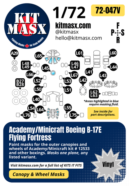 Academy/Minicraft Boeing B-17E Flying Fortress 1/72 Canopy & Wheel Paint Masks, Kit # 12533