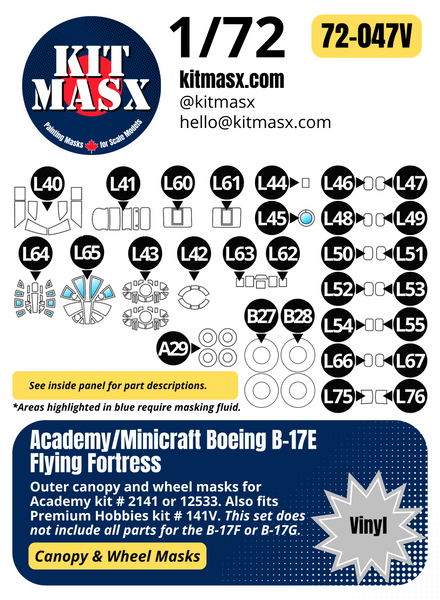 Academy Boeing B-17E Flying Fortress 1/72 Canopy & Wheel Paint Masks, Kit # 12533