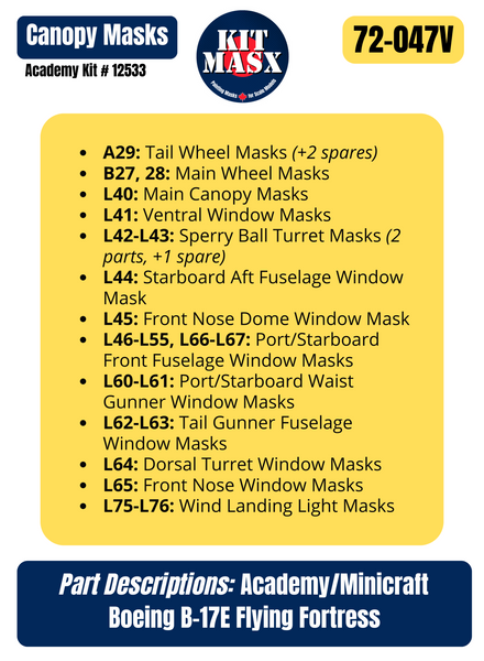 Academy Boeing B-17E Flying Fortress 1/72 Canopy & Wheel Paint Masks, Kit # 12533