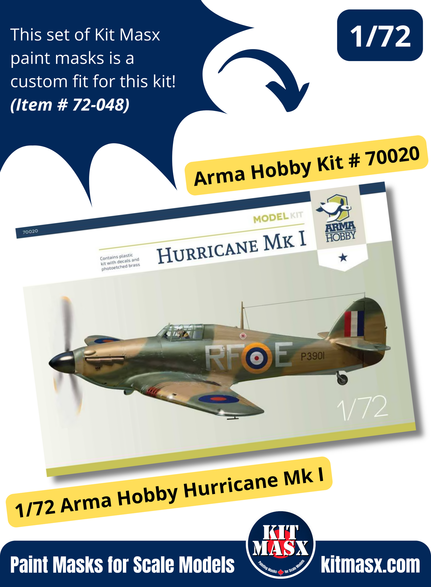 Arma Hobby Hawker Hurricane Mk.I 1/72 Canopy & Wheel Paint Masks, Kit # 70020