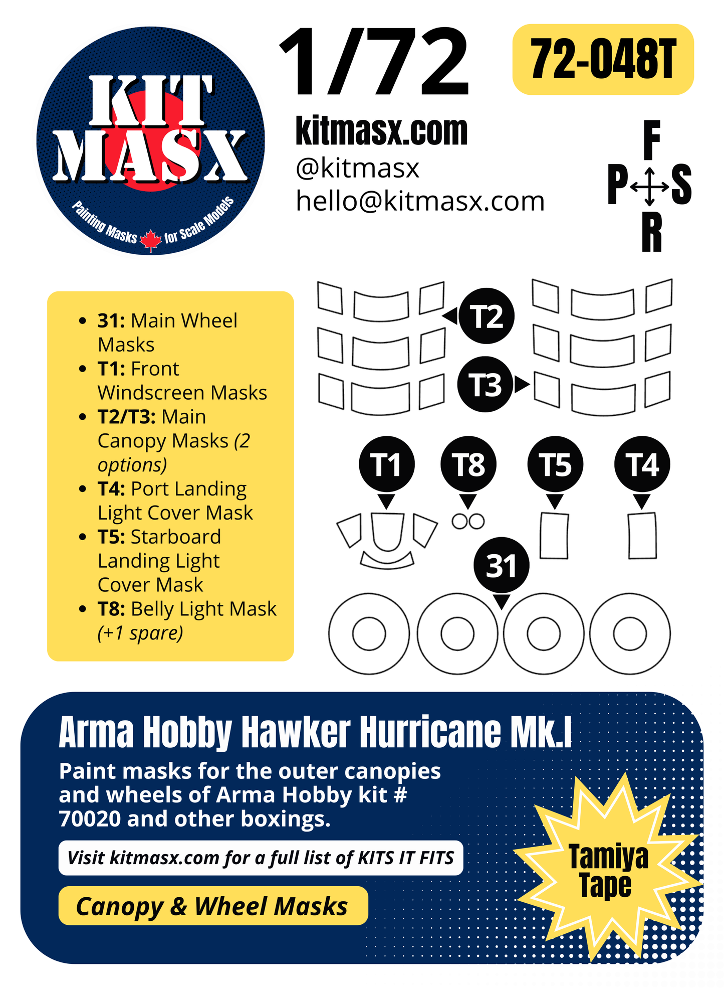 Arma Hobby Hawker Hurricane Mk.I 1/72 Canopy & Wheel Paint Masks, Kit # 70020
