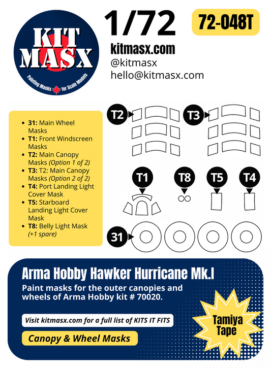 Arma Hobby Hawker Hurricane Mk.I 1/72 Canopy & Wheel Paint Masks, Kit # 70020
