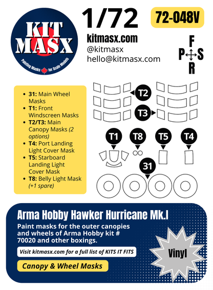 Arma Hobby Hawker Hurricane Mk.I 1/72 Canopy & Wheel Paint Masks, Kit # 70020