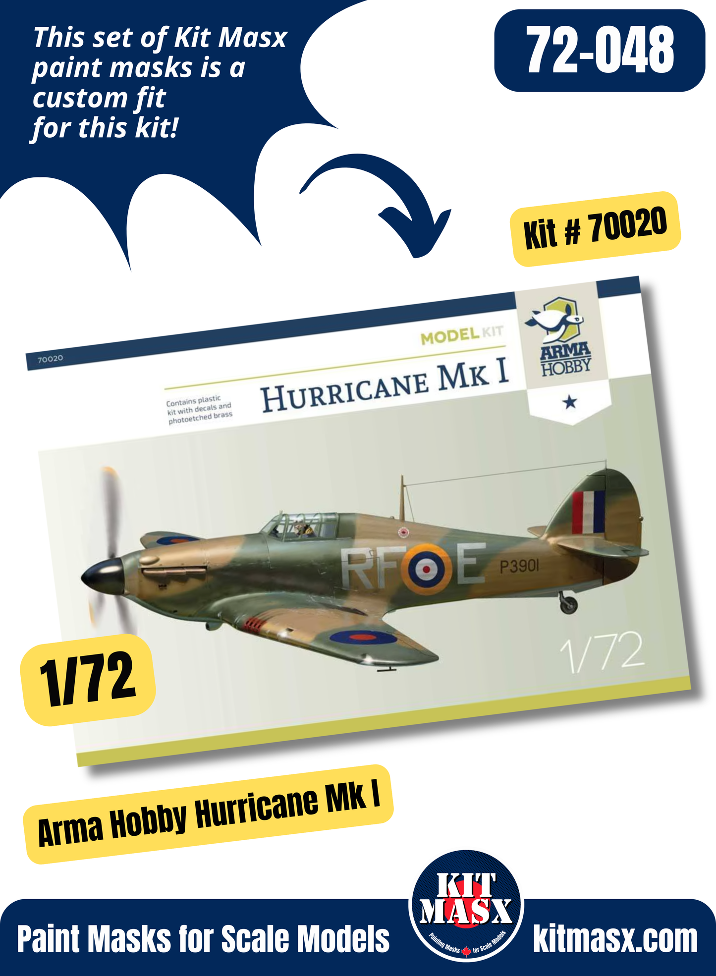 Arma Hobby Hawker Hurricane Mk.I 1/72 Canopy & Wheel Paint Masks, Kit # 70020