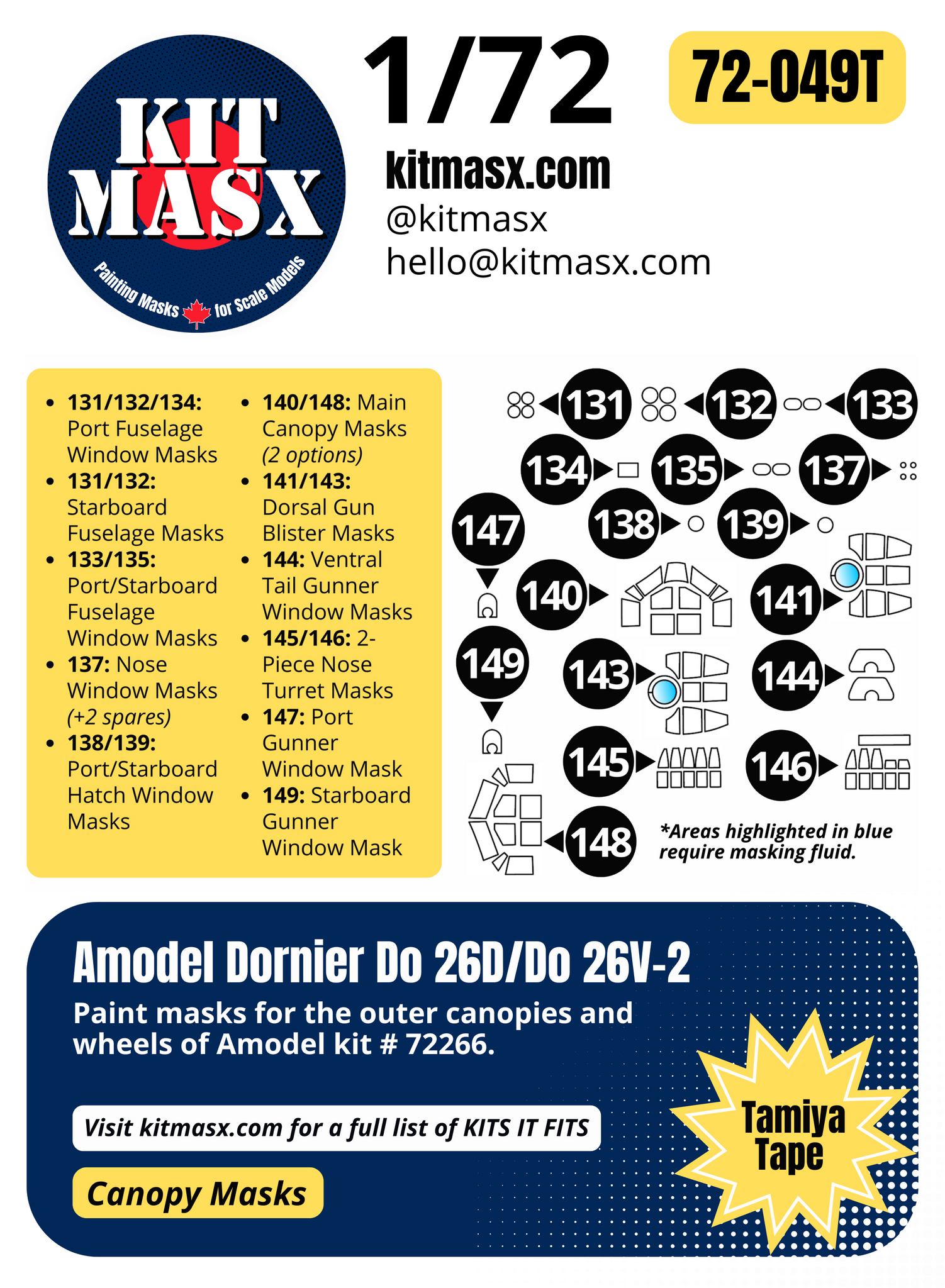 Amodel Dornier Do 26D/Do 26V-2 1/72 Canopy Paint Masks, Kit # 72266