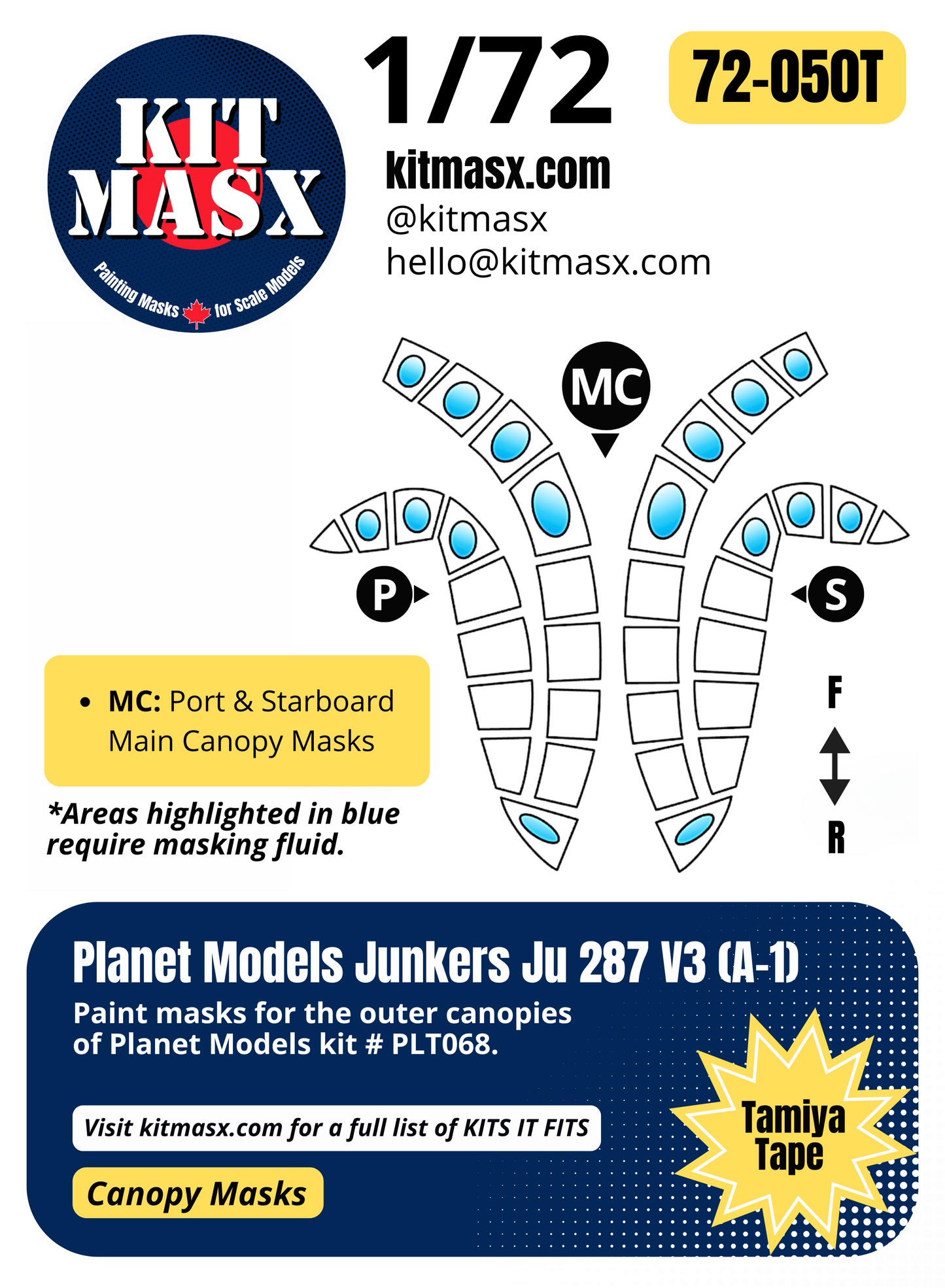 Planet Models Junkers Ju 287 V3 (A-1) 1/72 Canopy Paint Masks, Kit # PLT068
