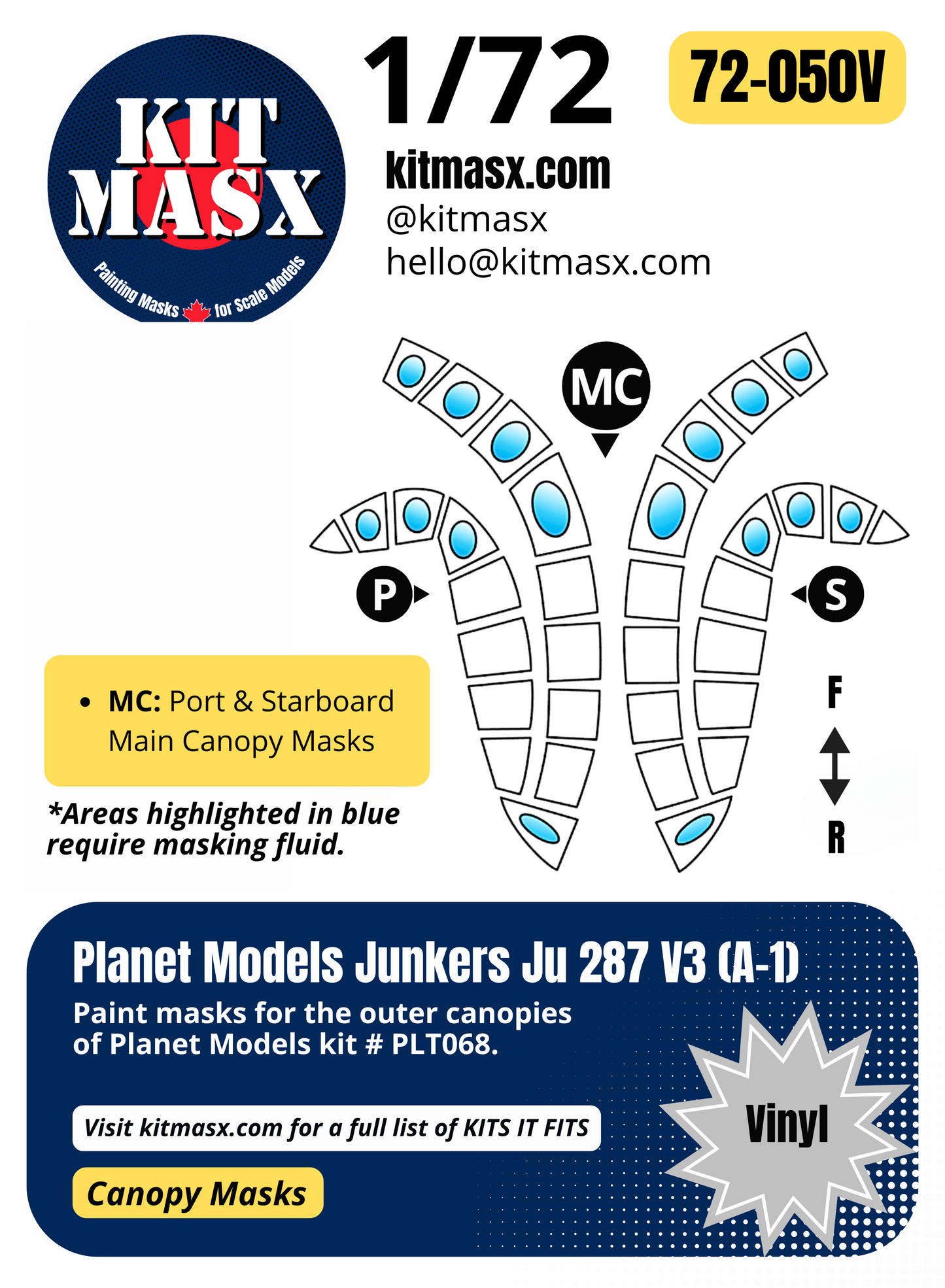 Planet Models Junkers Ju 287 V3 (A-1) 1/72 Canopy Paint Masks, Kit # PLT068