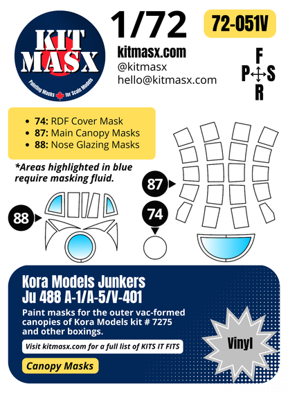 Kora Models Junkers Ju 488 A-1/A-5/V-401 1/72 Canopy Paint Masks, Kit # 7275