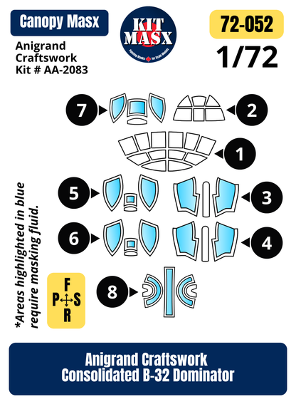 Anigrand Craftswork Consolidated B-32 Dominator 1/72 Canopy Paint Masks, Kit # AA-2083 (72052)