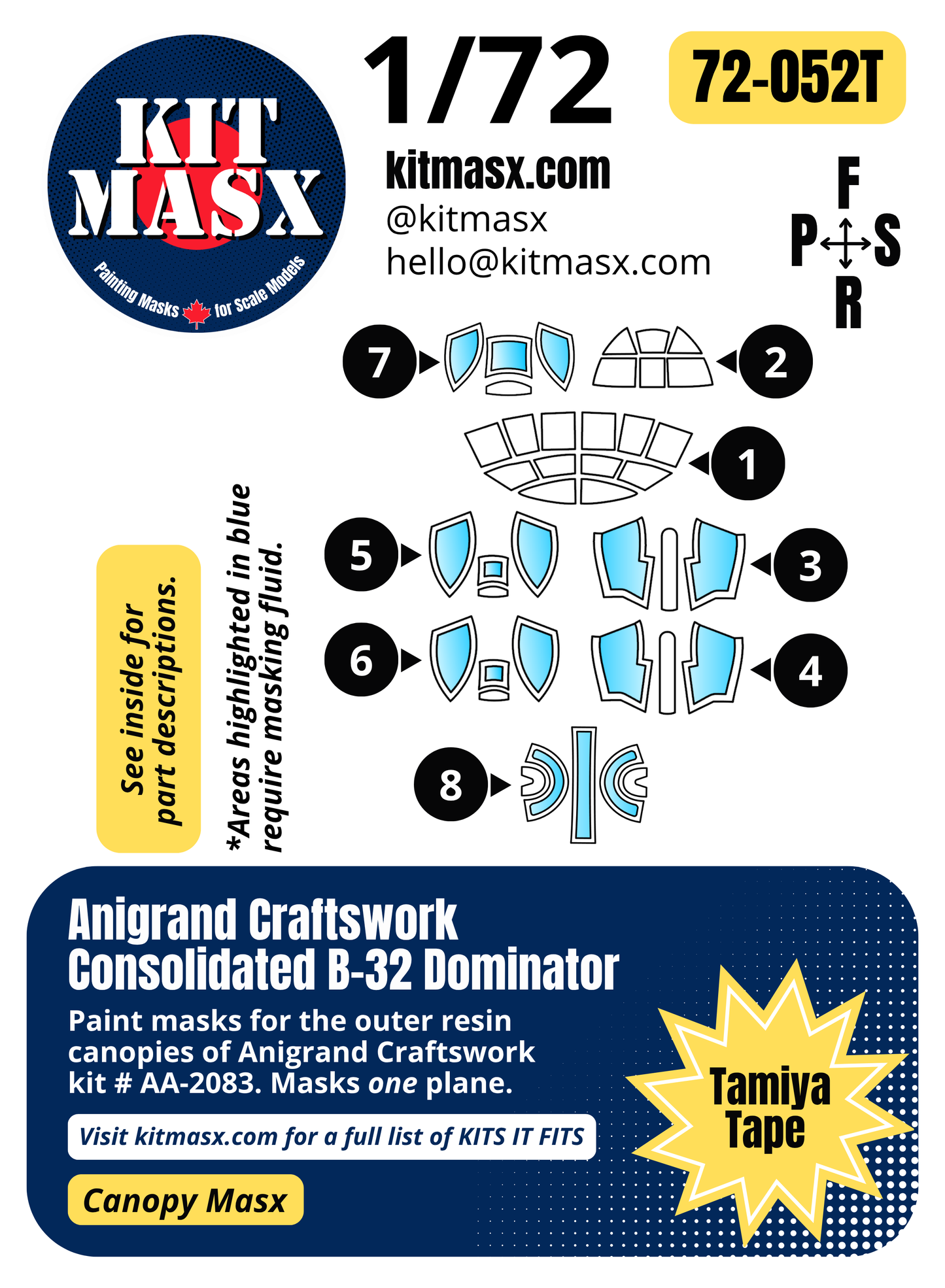 Anigrand Craftswork Consolidated B-32 Dominator 1/72 Canopy Paint Masks, Kit # AA-2083 (72052)