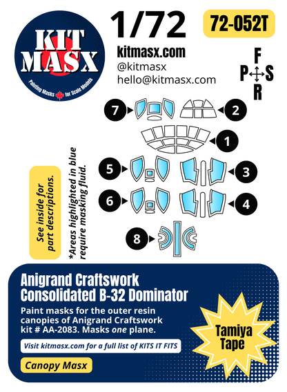 Anigrand Craftswork Consolidated B-32 Dominator 1/72 Canopy Paint Masks, Kit # AA-2083 (72052)