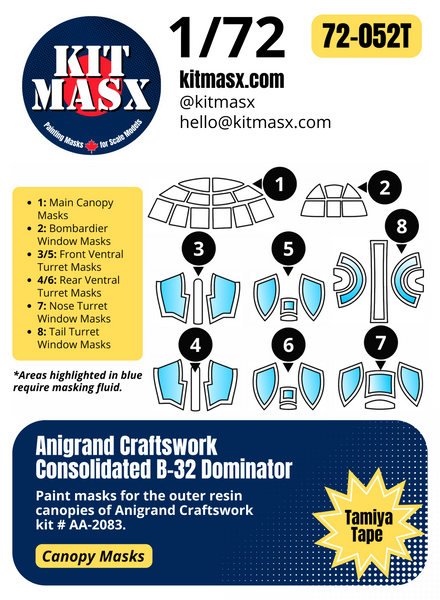 Anigrand Craftswork Consolidated B-32 Dominator 1/72 Canopy Paint Masks, Kit # AA-2083