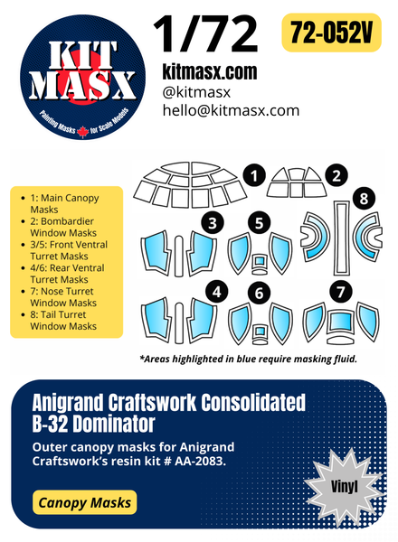 Anigrand Craftswork Consolidated B-32 Dominator 1/72 Canopy Paint Masks