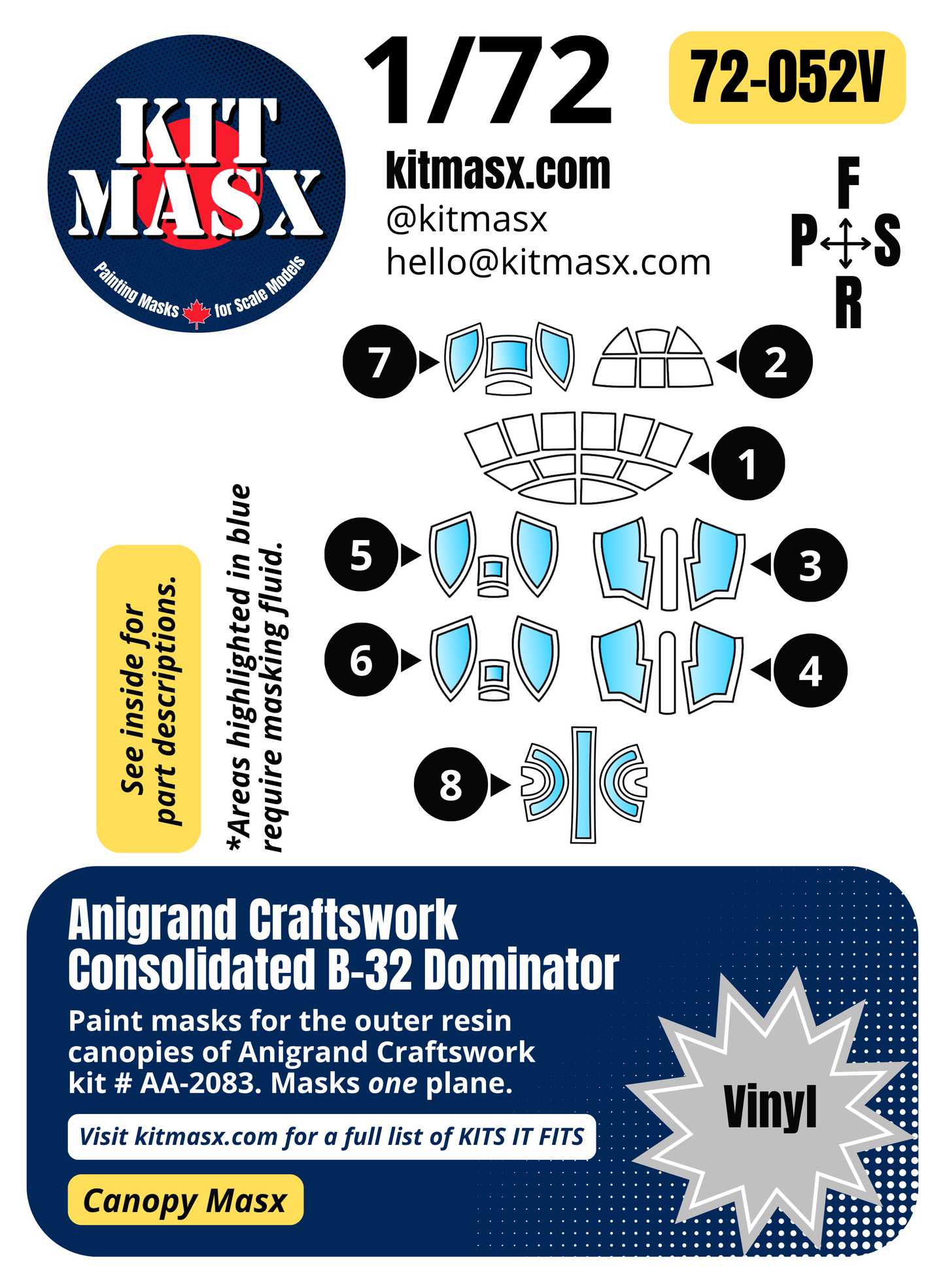 Anigrand Craftswork Consolidated B-32 Dominator 1/72 Canopy Paint Masks, Kit # AA-2083 (72052)
