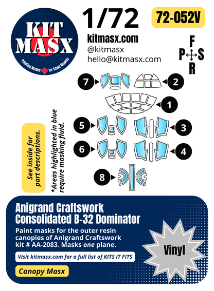 Anigrand Craftswork Consolidated B-32 Dominator 1/72 Canopy Paint Masks, Kit # AA-2083 (72052)