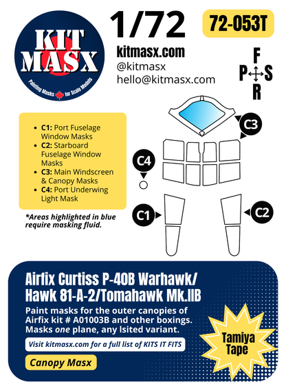 Airfix Curtiss P-40B Warhawk/Hawk 81-A-2/Tomahawk Mk.IIB 1/72 Canopy Paint Masks, Kit # A01003B