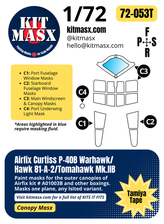Airfix Curtiss P-40B Warhawk/Hawk 81-A-2/Tomahawk Mk.IIB 1/72 Canopy Paint Masks, Kit # A01003B