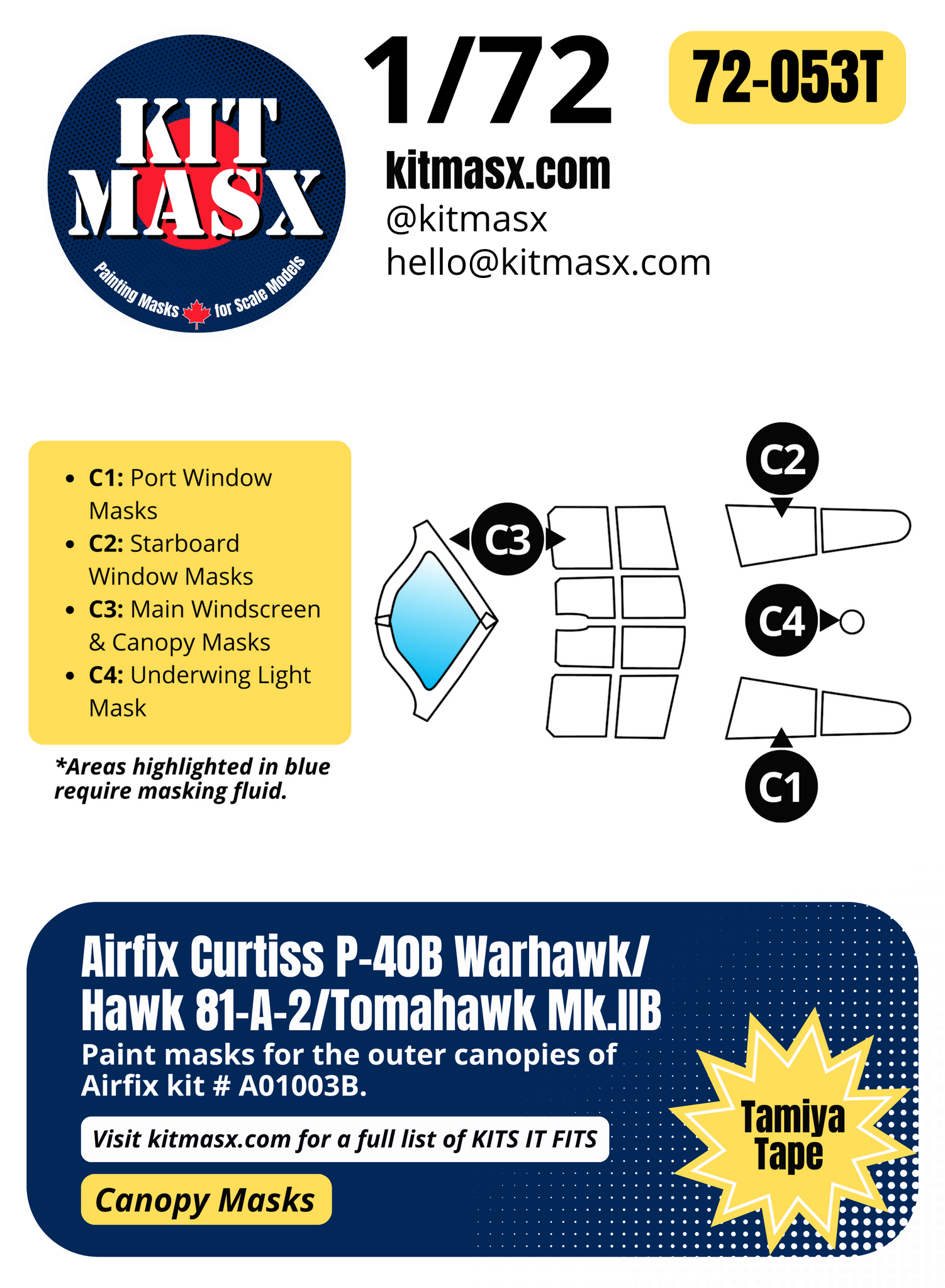 Airfix Curtiss P-40B Warhawk/Hawk 81-A-2/Tomahawk Mk.IIB 1/72 Canopy Paint Masks, Kit # A01003B