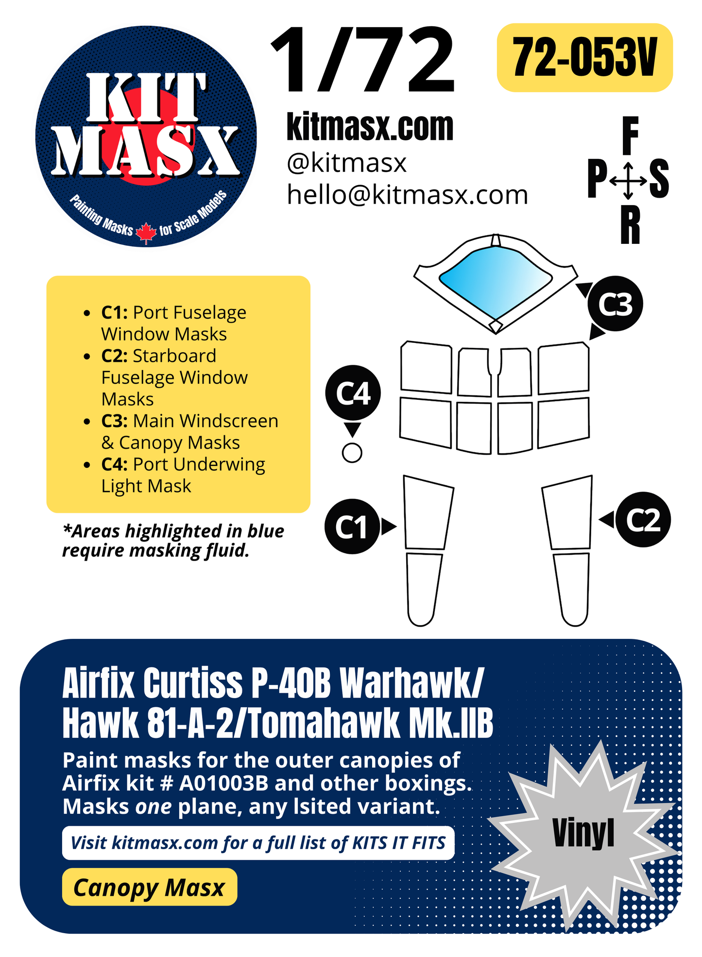 Airfix Curtiss P-40B Warhawk/Hawk 81-A-2/Tomahawk Mk.IIB 1/72 Canopy Paint Masks, Kit # A01003B