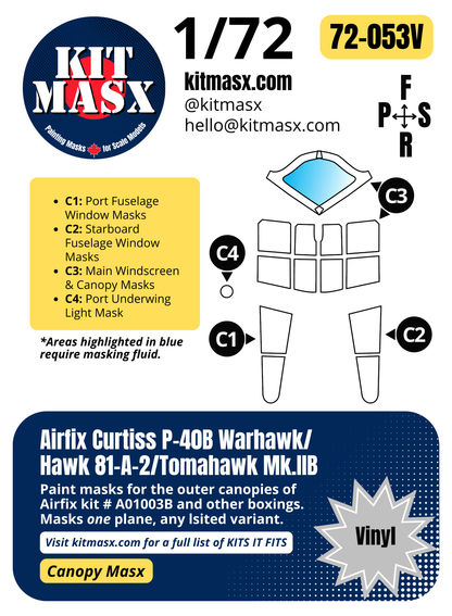 Airfix Curtiss P-40B Warhawk/Hawk 81-A-2/Tomahawk Mk.IIB 1/72 Canopy Paint Masks, Kit # A01003B