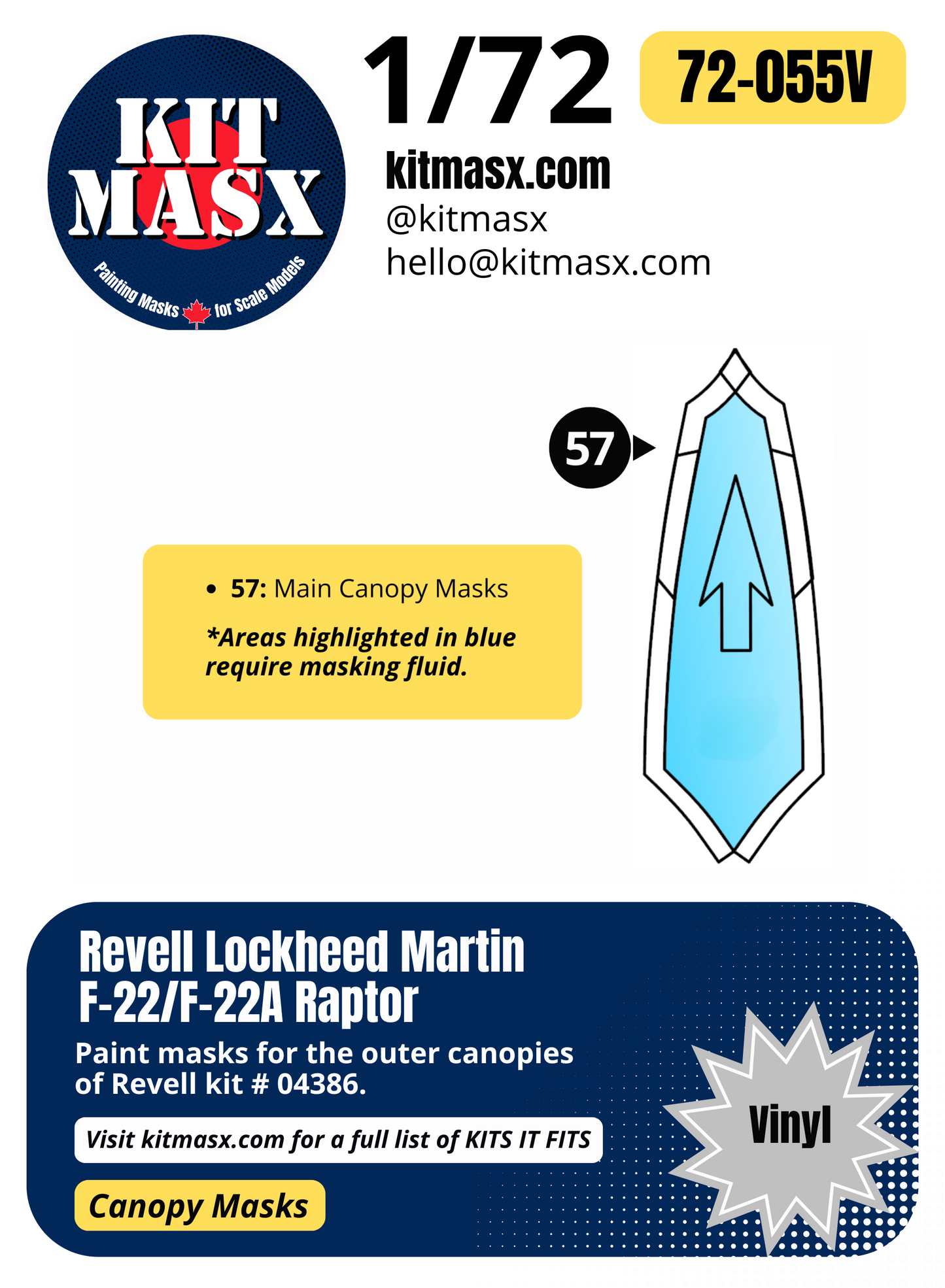 Revell Lockheed Martin F-22/F-22A Raptor 1/72 Canopy Paint Masks, Kit # 04386