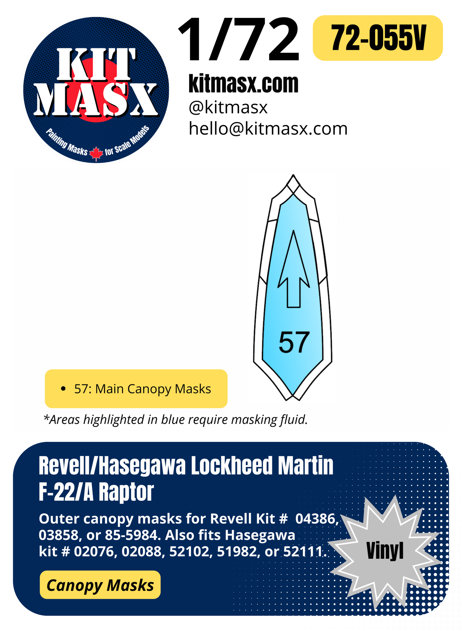 Revell/Hasegawa Lockheed Martin F-22/A Raptor 1/72 Canopy Masks