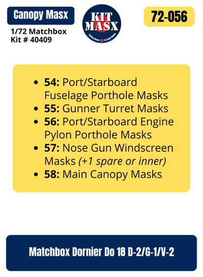 Matchbox Dornier Do 18 D-2/G-1/V-2 1/72 Canopy Paint Masks, Kit # 40409