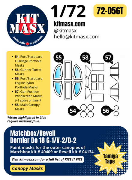 Matchbox Dornier Do 18 G-1/V-2/D-2 1/72 Canopy Paint Masks, Kit # 40409