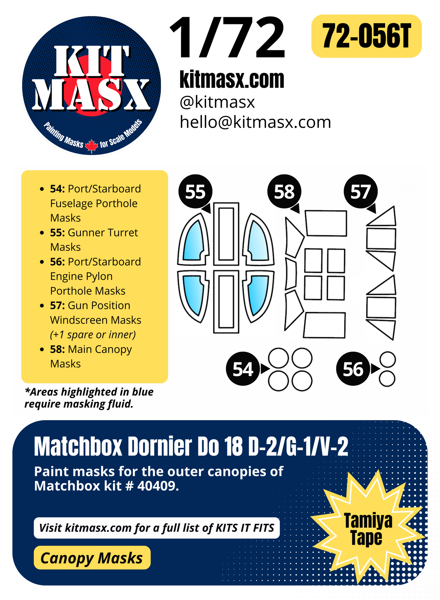 Matchbox Dornier Do 18 D-2/G-1/V-2 1/72 Canopy Paint Masks, Kit # 40409