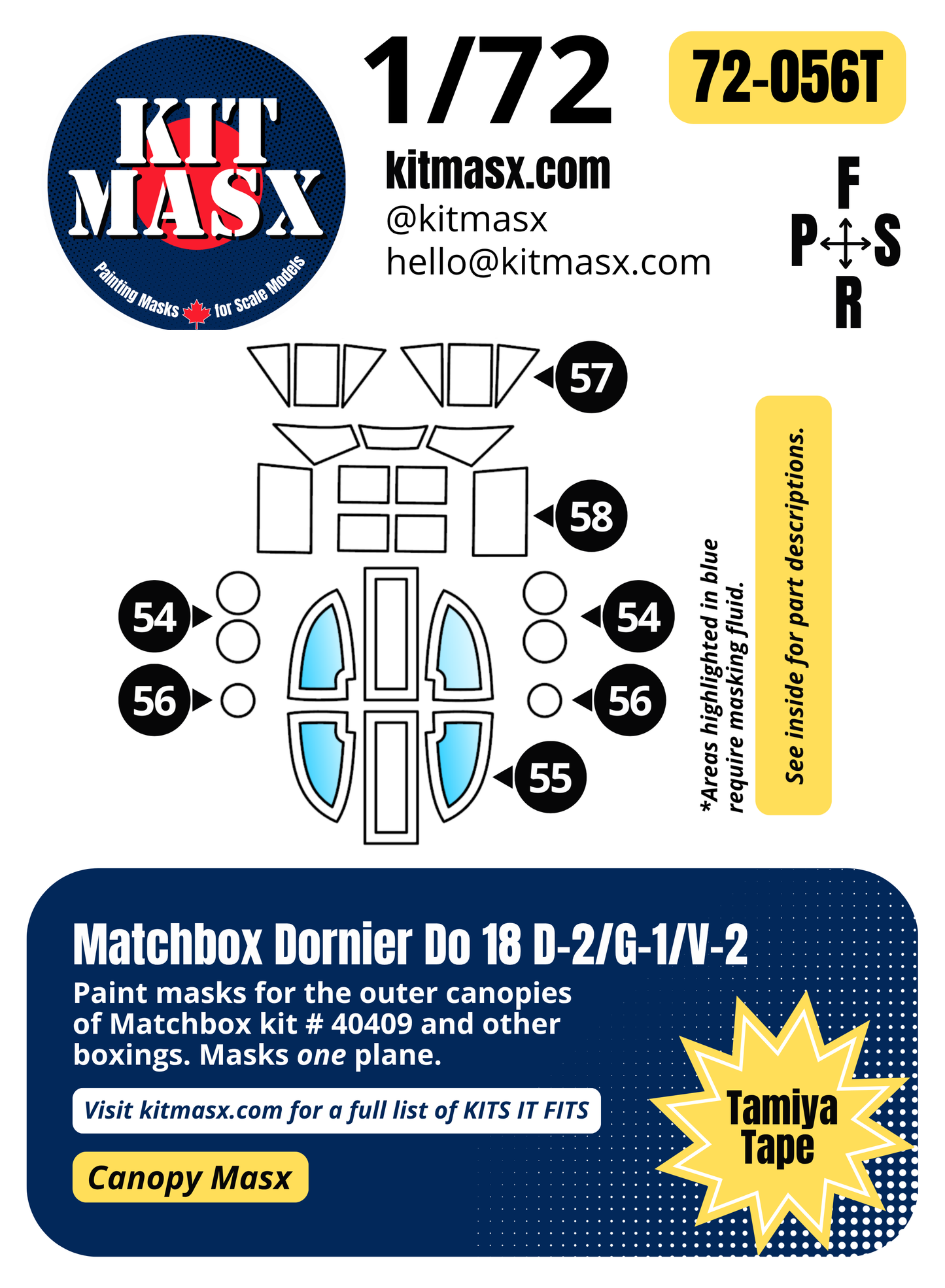 Matchbox Dornier Do 18 D-2/G-1/V-2 1/72 Canopy Paint Masks, Kit # 40409