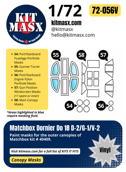 Matchbox Dornier Do 18 D-2/G-1/V-2 1/72 Canopy Paint Masks, Kit # 40409