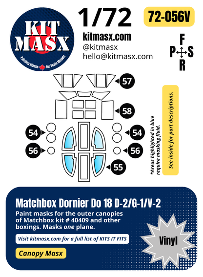 Matchbox Dornier Do 18 D-2/G-1/V-2 1/72 Canopy Paint Masks, Kit # 40409