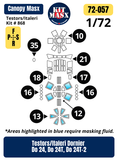 Testors/Italeri Dornier Do 24, Do 24T, Do 24T-2 1/72 Canopy Paint Masks, Kit # 868 (72057)