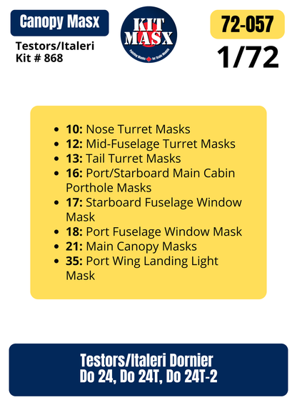 Testors/Italeri Dornier Do 24, Do 24T, Do 24T-2 1/72 Canopy Paint Masks, Kit # 868 (72057)