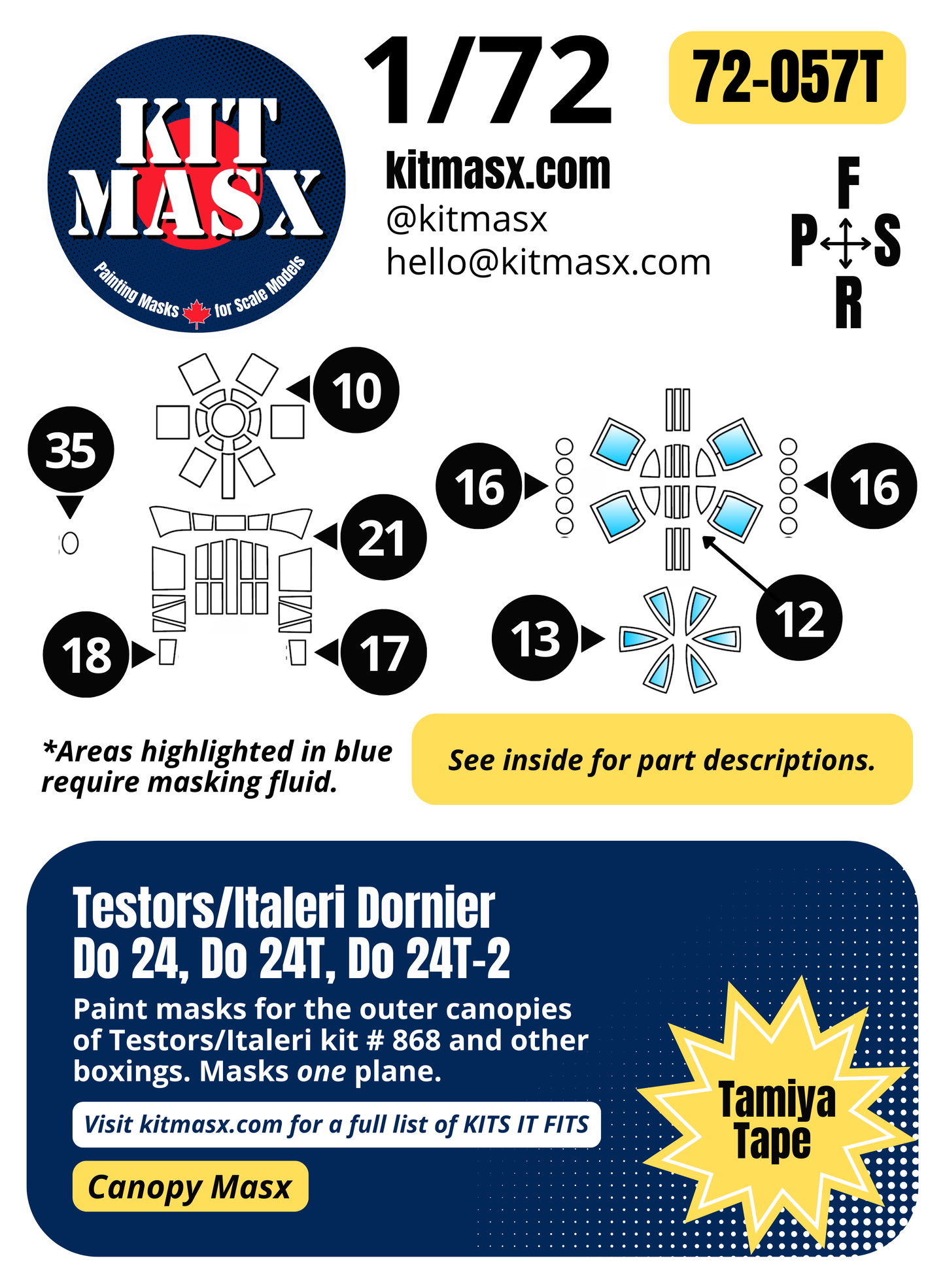 Testors/Italeri Dornier Do 24, Do 24T, Do 24T-2 1/72 Canopy Paint Masks, Kit # 868 (72057)