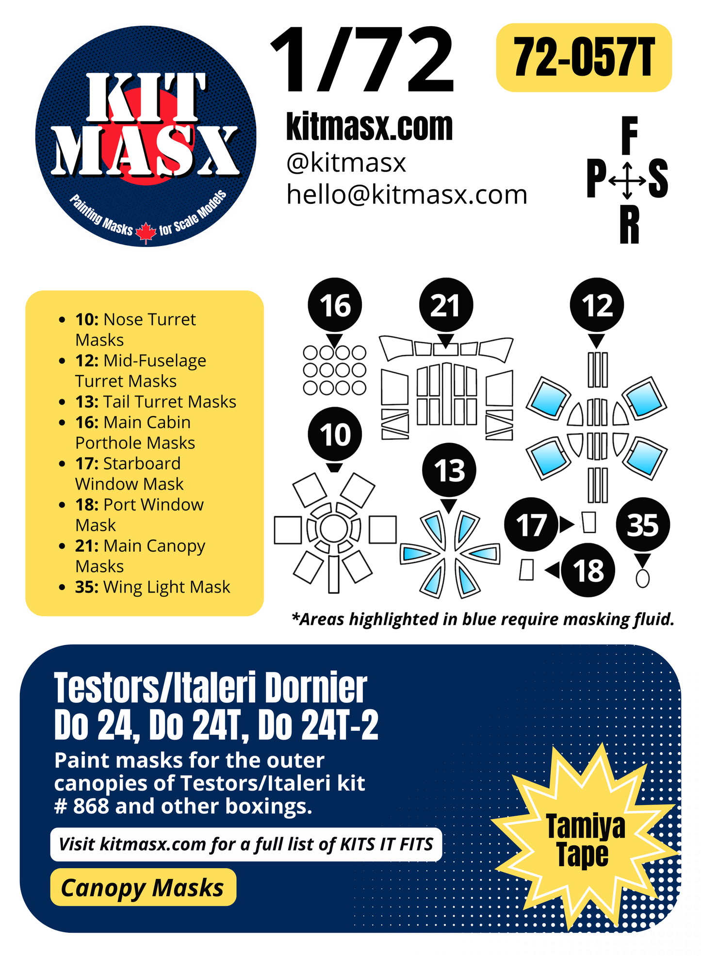 Testors/Italeri Dornier Do 24, Do 24T, Do 24T-2 1/72 Canopy Paint Masks, Kit # 868